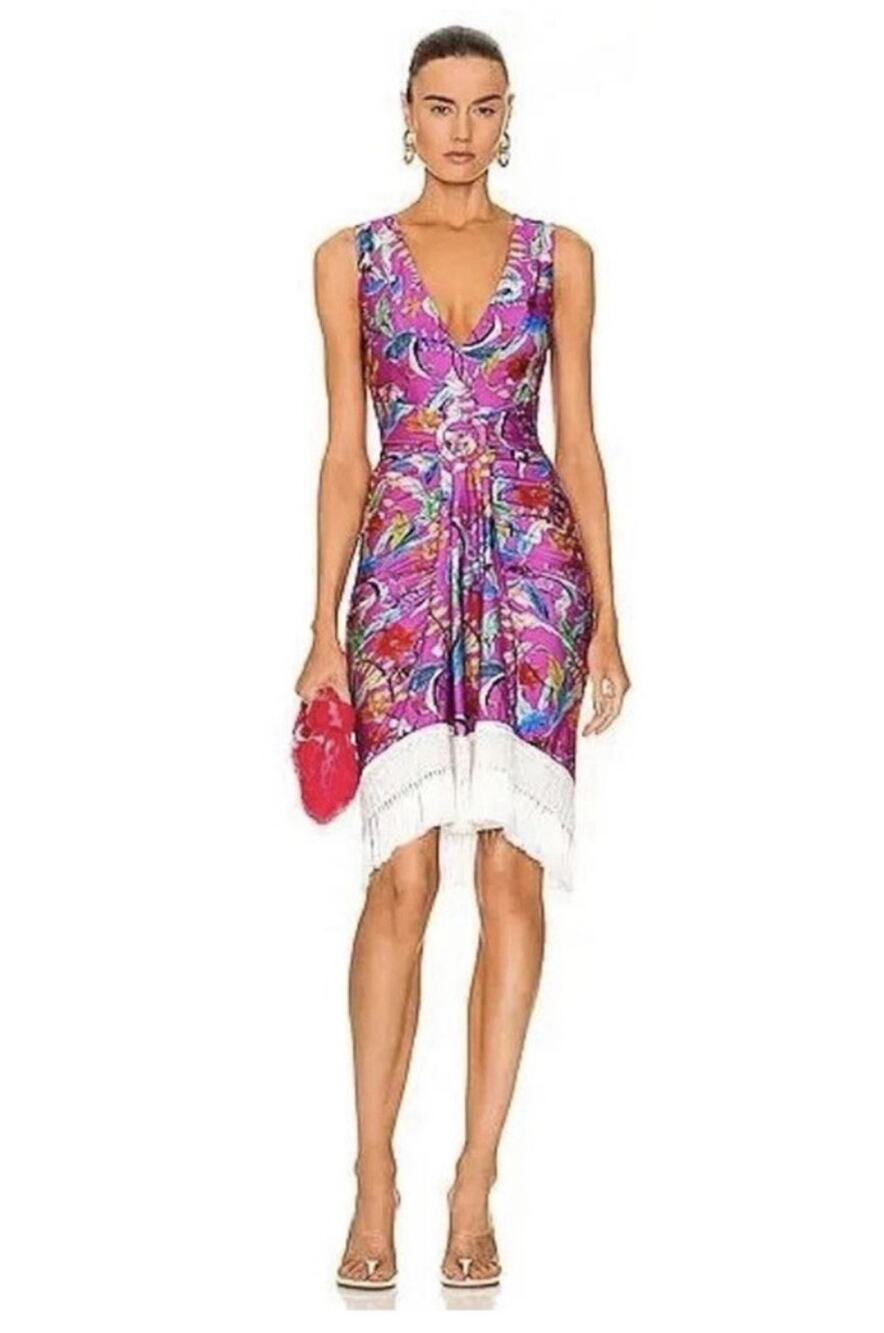 PATBO Zamia Magenta Floral Ruched Stretch Lycra Fringe Mini Dress Sz M NWT